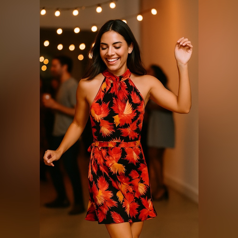 BCBGMaxAzria Vintage Y2K Silk Floral Halter Dress in Red Orange and Black Size 0
